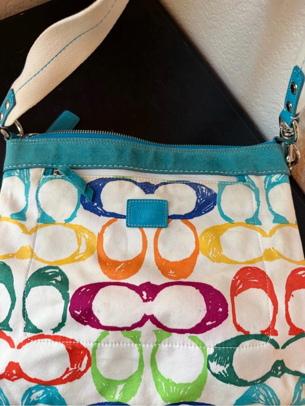 Authentic Y2K Coach Scribble Canvas Demi Shoulder Bag Turquoise Creed M04J-5672